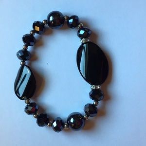 Onyx and faceted black crystal stretchy bracelet